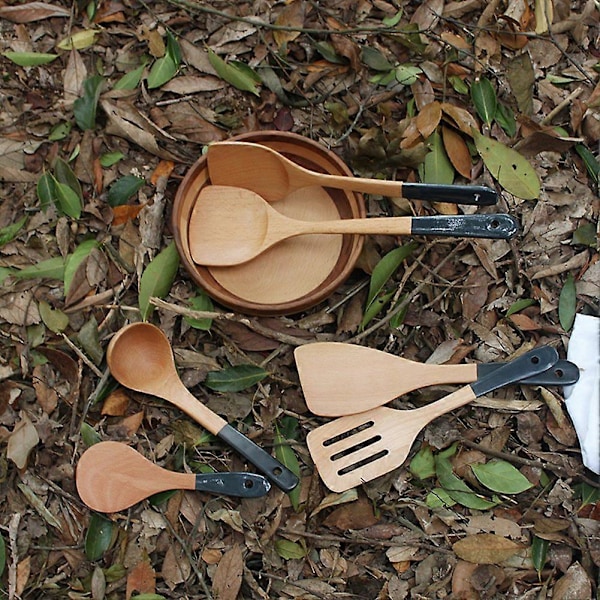6 stk. stekespadsett med bøkfarget håndtak, non-stick stekespade, stekespade, tresleiv W