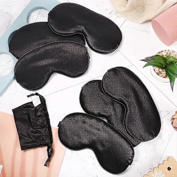 6 Stycken Naturliga Siden Sovmask Mjuk Ögonmask Justerbar Rem Ögonbindel Ögonskugga Smidig Sovmask Bekväm Sov Ögonmask med Väska (Svart)