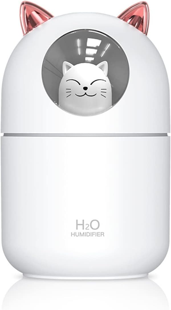Luftfukter, Luftfukter, 300ml Søt Katte Luftfukter, Mini USB Kjølig Tåke Luftfukter med 2 Spraymoduser og Nattlys