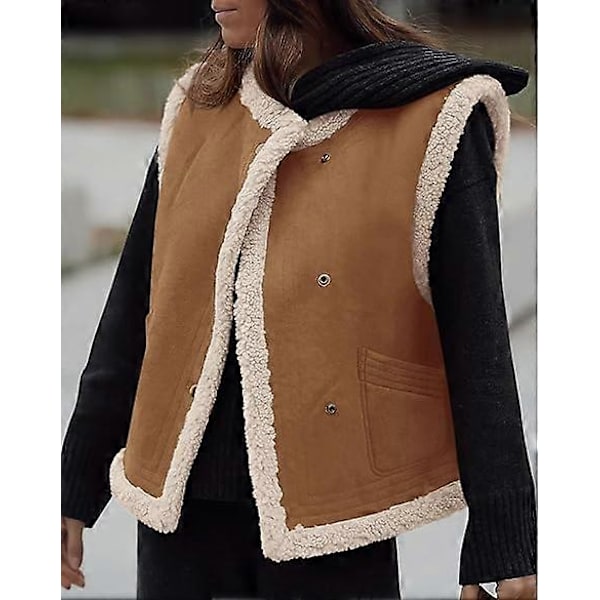 (M) Dame Vinter Faux Suede Vest Ærmeløs Knap Fleece Sherpa Foret Jakke Mode Casual Overtøj Frakke
