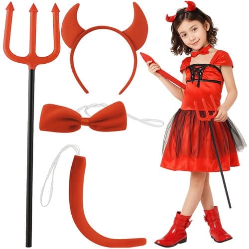Devil Costume Accessories 4-piece Red - Horns, Tail, Bow Tie, Fork