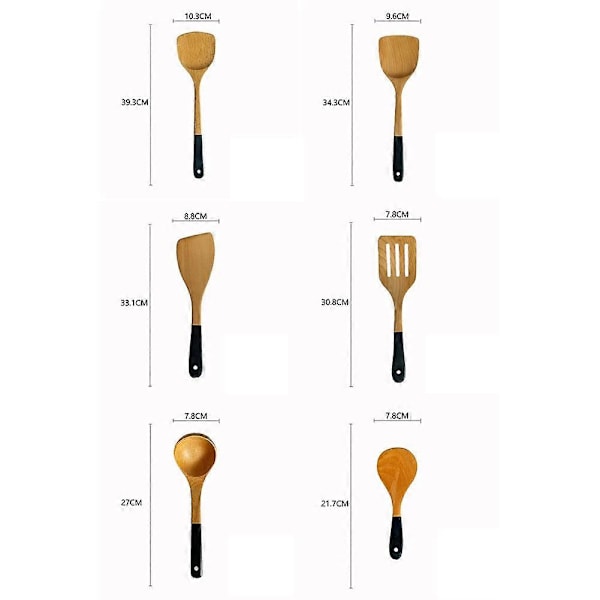 6 stk. stekespadsett med bøkfarget håndtak, non-stick stekespade, stekespade, tresleiv W