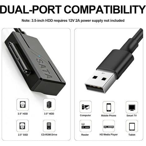 SATA til USB 3.0-kabel, SATA til USB 3.0-adapter for 2,5\" og 3,5\" HDD/SSD-harddisker, 5 Gbps ekstern harddiskadapterkabel kompatibel med Windows