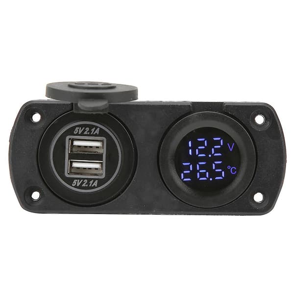 Blå bil dobbel USB-lader med temperaturvoltmeter og 12V strømuttak