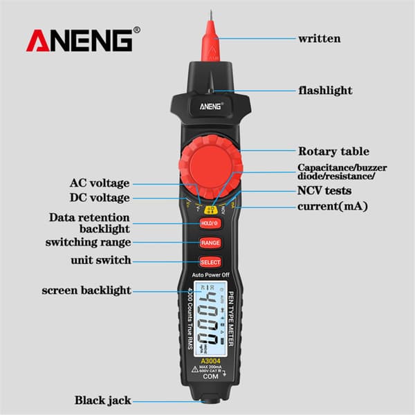 Gistuch A3004 Svart TRMS Pennmultimeter (Batteri Ingår Ej)