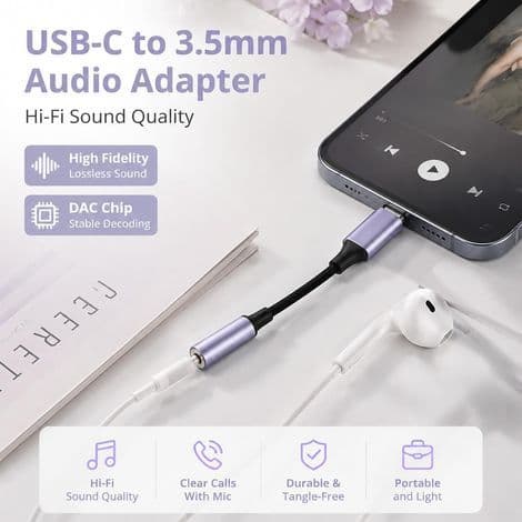 2-pakning USB-C til 3,5 mm TRRS/TRS Jack-adapter med høykvalitets DAC-chip, kompatibel med iPhone 17 Pro Max/16 Plus, Galaxy S25/S24, Pixel 10/9/8, Mac