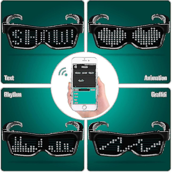 LED-briller med Bluetooth-app, tilkoblet LED-skjerm, smarte briller, DIY, funky briller