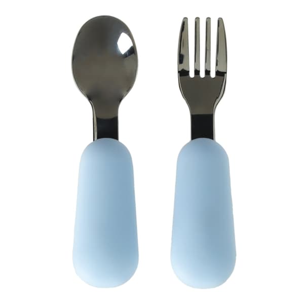 Silicone Dinnerware Set for Children, 4-Piece Blue with Bear Motif, Fork, Spoon, Teaspoon