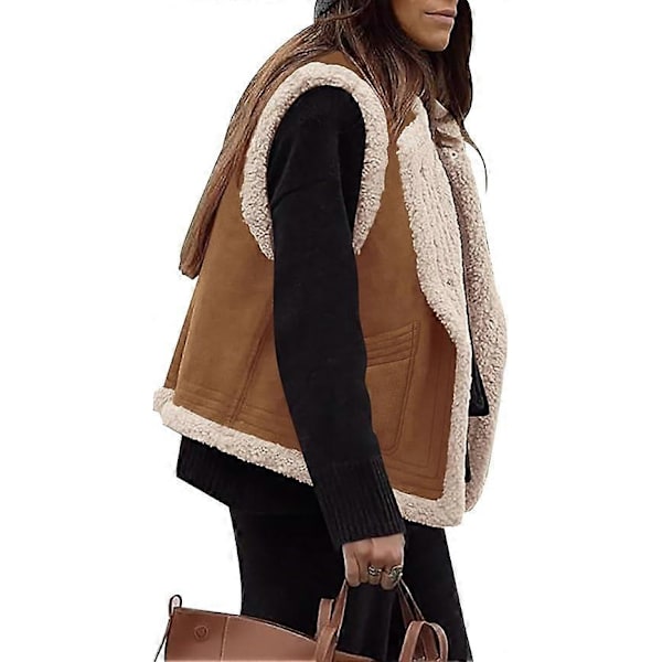(M) Dame Vinter Faux Suede Vest Ærmeløs Knap Fleece Sherpa Foret Jakke Mode Casual Overtøj Frakke