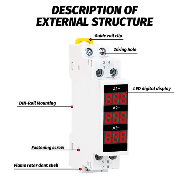 DIN-skinnemontert 3-faset Amperemeter Mini Modulstrømmåler Målerindikator LED Digital Display Detektor Amperemeter