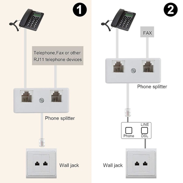 Toveis Telefon Splitter, Rj11 6p4c Kabel Telefon Veggadapter Og Splitter, Hann Til 2 Hunn Konverter For Fastnett (hvit, 2-pakning)