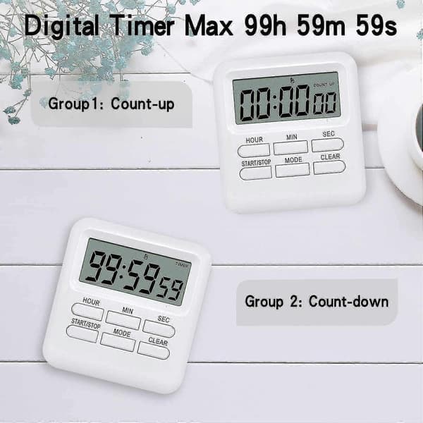 Digital Timer med 3-i-1 Ur/Alarmfunktion, Magnetisk Køkkentimer, Nedtællingsstopur