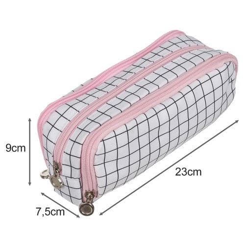 Pencil case 3 compartments with zipper, checkered white/black 26 cm