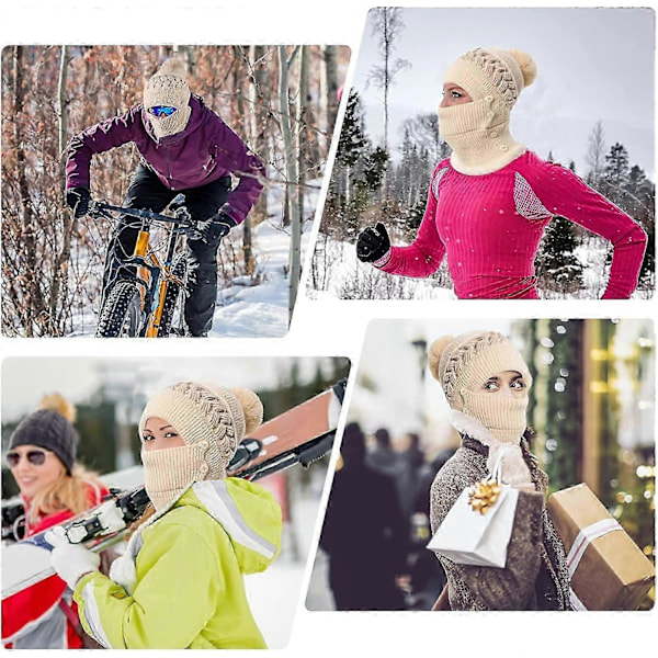 Dame Vinter Varm Strikket Lue Hatt Halsvarmer Sett, Dobbelt Lag Fleeceforet Beanie Lue, Beige