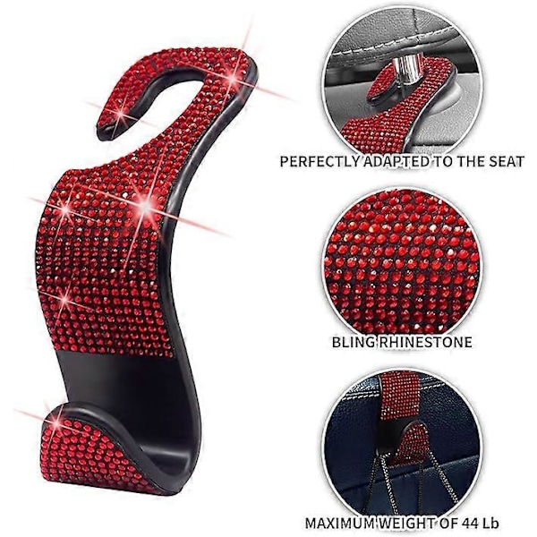 Auton käsilaukkukoukku Bling Auton niskatuen koukku 4 kpl Auton takaistuimen ripustimet Takapenkin niskatuen koukut käsilaukulle, laukulle, ostoksille (Punainen) 10*3.5*3.9cm