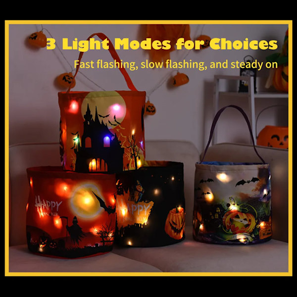LED-opplyst Halloween-bøtte Halloween-kasse med håndtak 3 lysmoduser Gjenbrukbare Halloween-godteriposer Gaveposer for barn Halloween-temafest