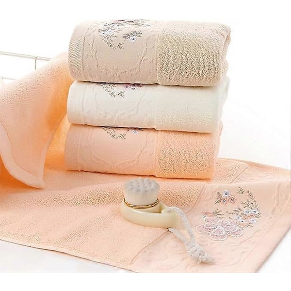 Handduksset med 2 Broderat Blommönster Bomull Absorberande Mjuk Handduk för Badrum 34*74cm (Rosa)