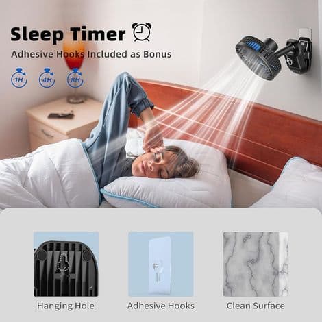 ATEngeus USB Clip Fan, 10000 mAh Genopladelig Batteri Ventilator, 5 Hastigheder, Camping Ventilator, Multi-Vinkel Rotation, Timer, med Klips og Krog til Barnevogn,