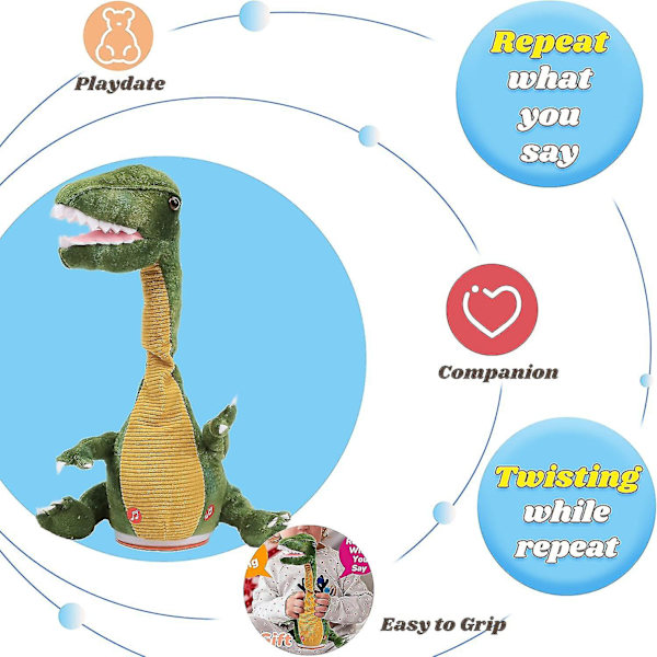 Dansande dinosaurie leksak upprepar vad du säger pratande T-rex leksak vricka sjunga imitera vridande interaktiv animerad leksak talande plysch gåva för barn B