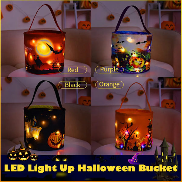 LED-opplyst Halloween-bøtte Halloween-kasse med håndtak 3 lysmoduser Gjenbrukbare Halloween-godteriposer Gaveposer for barn Halloween-temafest
