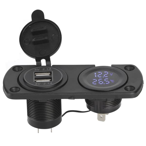Temperatur Voltmeter Oplader Bil Dobbelt USB 12V Strømstik Cigarettænderstik Blå