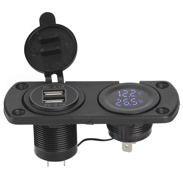 Temperature Voltmeter Charger Car Dual USB 12V Power Socket Cigarette Lighter Socket Blue