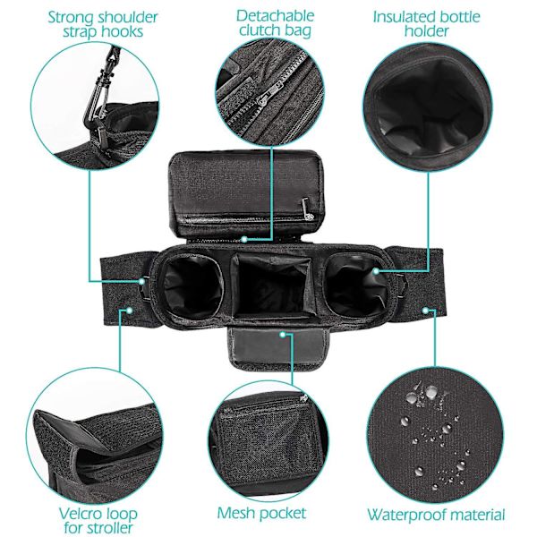 Universal Stroller Organizer Med Isolerende Koppbærer, Avtakbar Telefonveske Og Skulderstropp