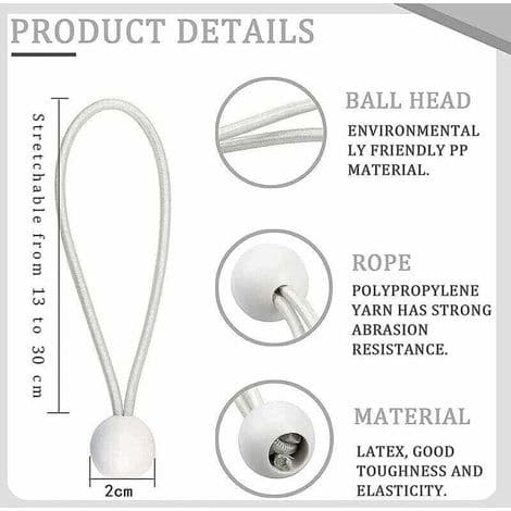 Pakke med 50 elastiske strammere, elastiske snorer med kuler, strikksnorer, elastiske kuler for markiser, telt, bannere og presenninger.
