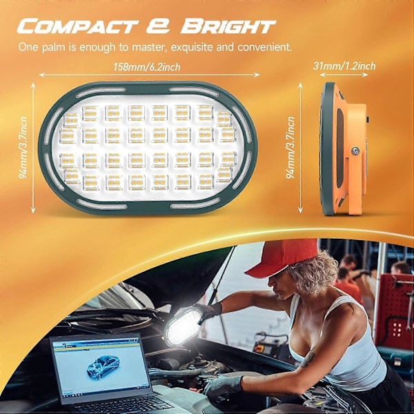 30W Solcelleoppladbar LED Flomlys, 2000LM, Kompakt Byggeplassflomlys med 4 Lysmoduser, IP65 Vanntett Arbeidslys, Ideell for Camping
