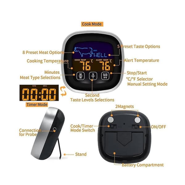 Digital Kötttermometer för Grillning, Ugn och BBQ med Timer och Temperaturalarm