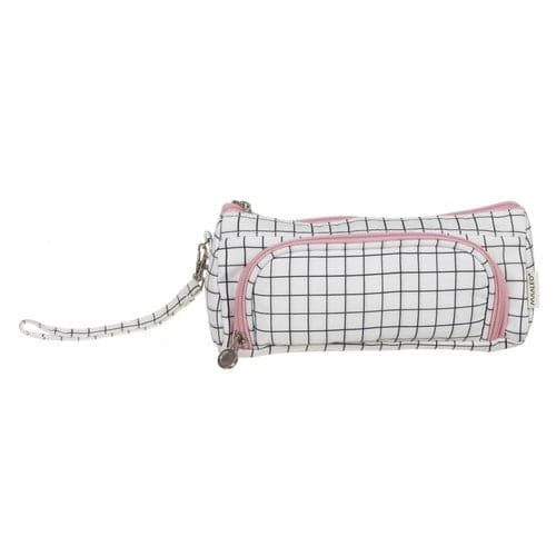 Pennal utvidbart hvitt rutete, 2 rom, bomullscanvas 22 cm