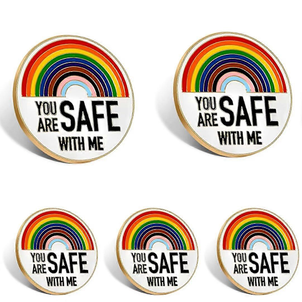 5 st Du Är Säker Med Mig Säkerhetsbroscher Regnbåge Slagstift Stödjer Märkesnål Pride Pins för Kläder Väska Hatt Dekoration