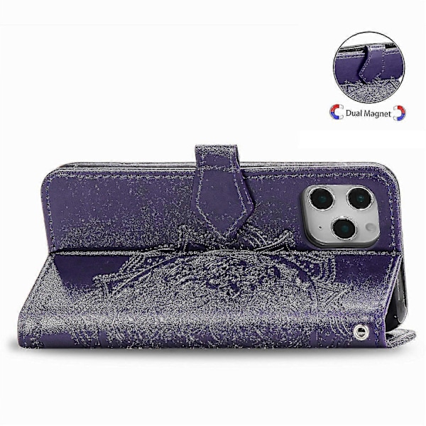 Iphone 13 Pro Etui Læder Wallet Cover Præget Mandala Magnetisk Flip Beskyttelse Stødsikker - Violet