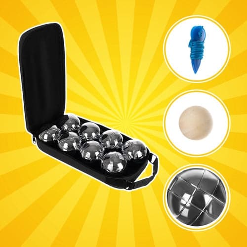 Boules set 8 chrome balls 73 mm with wooden ball, measuring string & case