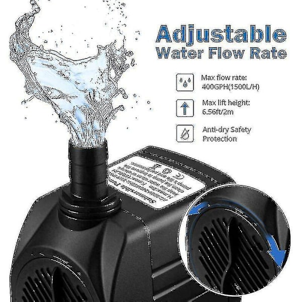 1500l/h Uppotettava Vedenpumppu, 25w Ultra Hiljainen Akvaariopumppu 48hs Kuivakäynnillä, Suihkulähdepumppu 5ft Virtajohdolla Ja 2 Suuttimella, Vedenpumppu A:lle