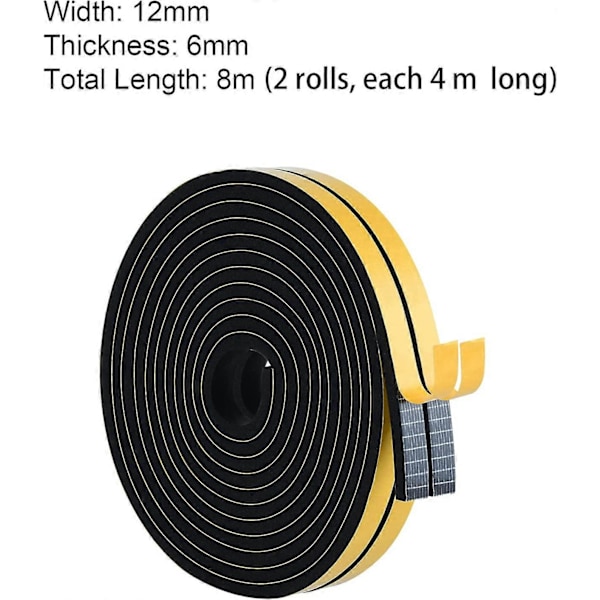 Självhäftande Tätningslist Skumtejp 12mm(B) x 6mm(T) 2 Rullar, Totalt 10M Lång