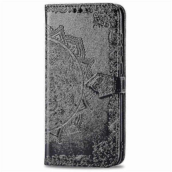 Samsung Galaxy A10 Etui Læder Wallet Cover Præget Mandala Magnetisk Flip Beskyttelse Stødsikker - Sort