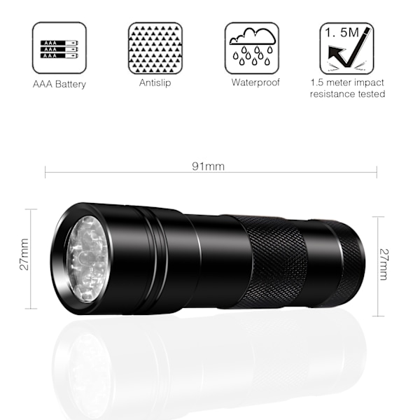 UV-taskulamppu 12 LED-valolla 395 nm Musta