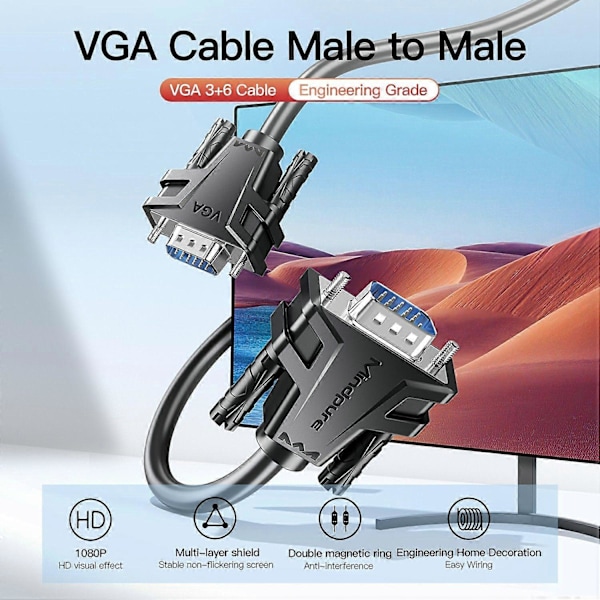 Type A MINDPURE VG002 3m VGA 3+6 1080P HD -videokaapeli kannettaville tietokoneille, näytöille ja projektoreille