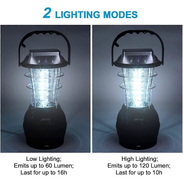 Solcellelampe, Super Lys LED Campinglampe, 2 Justerbare Lysindstillinger, 5 Opladningsmetoder, med Håndsving Generator