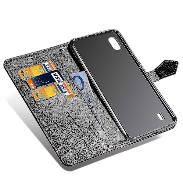 Samsung Galaxy A10 Etui Læder Wallet Cover Præget Mandala Magnetisk Flip Beskyttelse Stødsikker - Sort