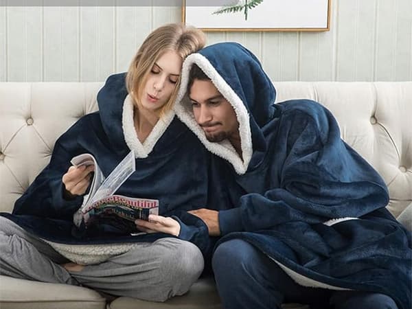 Snuggie Hoodie Tæppe Oversize Fleecetrøje Mørkeblå
