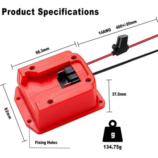 Strømstik Adapter til Milwaukee M18 18V Batteri med Sikring til RC Biler, Robotter