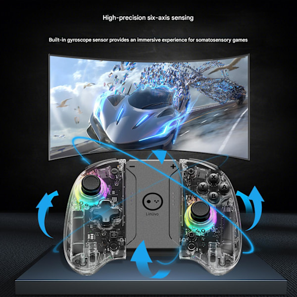 Transparent Joypad til Switch, 6-Akset Trådløs Induktionscontroller, Justerbar Gamepad