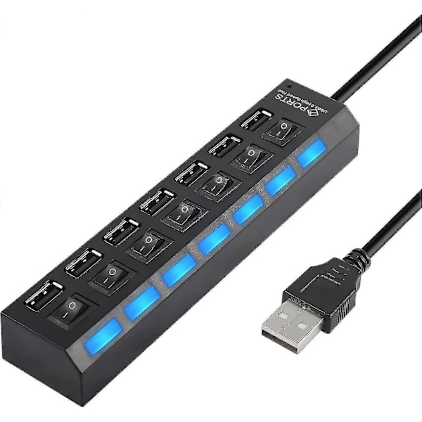Monitoimiporttinen USB-keskitinjakaja, 7-porttinen USB 2.0 -keskitin yksittäisillä virtakytkimillä ja LED-valoilla, USB-portin laajennus