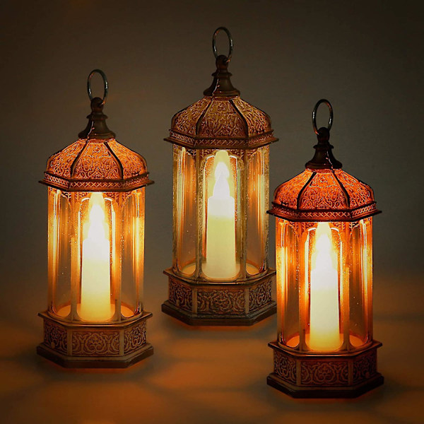 Hexagonal Candle Lantern with Lights, Set of 3 Decorative Lanterns-6.1 inch, Lanterns Decorativ