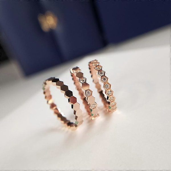 Roséguld Söt Bi Honungskaka Ring Minimalistisk Dam Geometrisk 3PCS Set Glänsande Kubisk Zirkonia Diamant Hexagonal Ring Bröllopsdag Evighetsring (