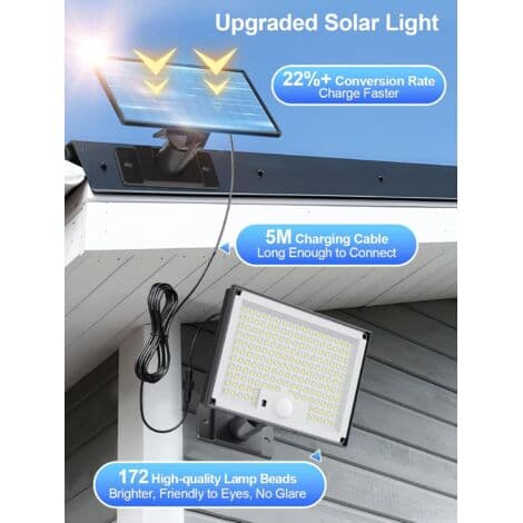 Utendørs Solcellelampe 172 LED 3 Moduser Utendørs Solcellelys Bevegelsessensor, IP65 Solcellelampe Utendørs Solcellebelysning, LED Spot S
