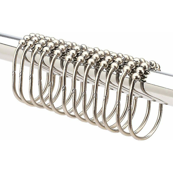 Set med 12 breda duschdraperiringar/krokar, dekorativ borstad satin nickel-finish, lättgående rullar, 100% rostfria ringar i rostfritt stål för dusch