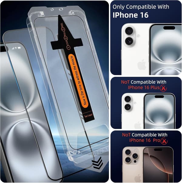 2-pack Screen Protector compatible with iPhone 16 - Mounting Frame
